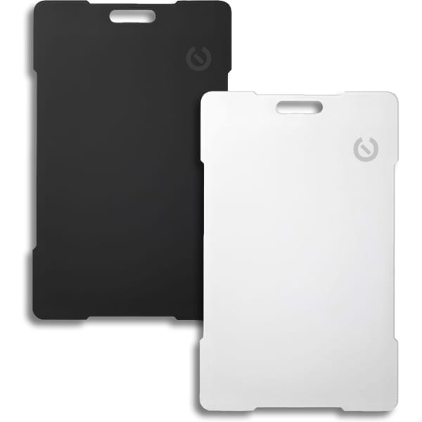 A black and a white Bluetooth tracker, both featuring a logo, displayed against a plain background.