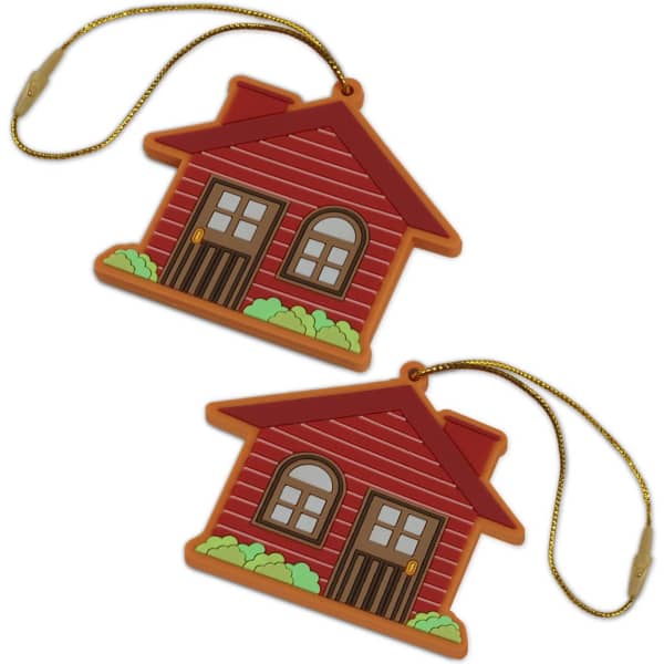 A red house-shaped PVC decoration with a brown door, featuring a gold string for hanging. Both sides are moulded.