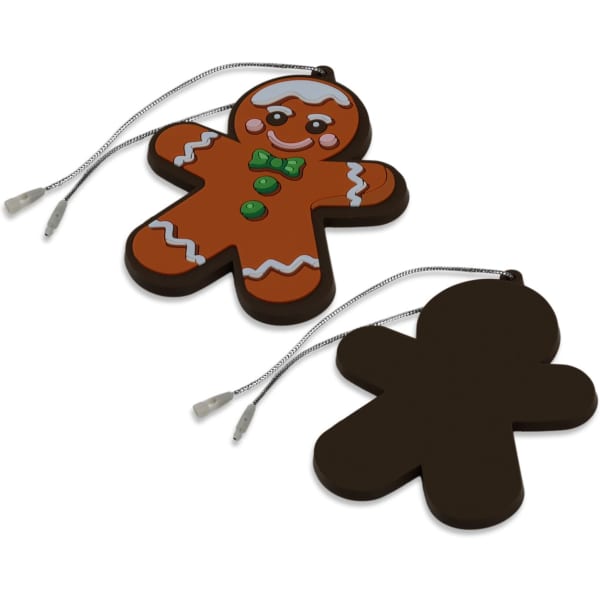 A gingerbread man-shaped PVC decoration featuring colourful details on one side and a plain brown backside.