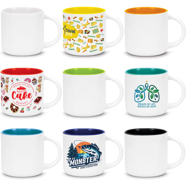 A collection of eight coffee mugs in various colours, featuring different designs and a logo on some.