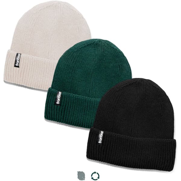 A set of three beanies in cream, forest green, and black, featuring a branded tag on each.
