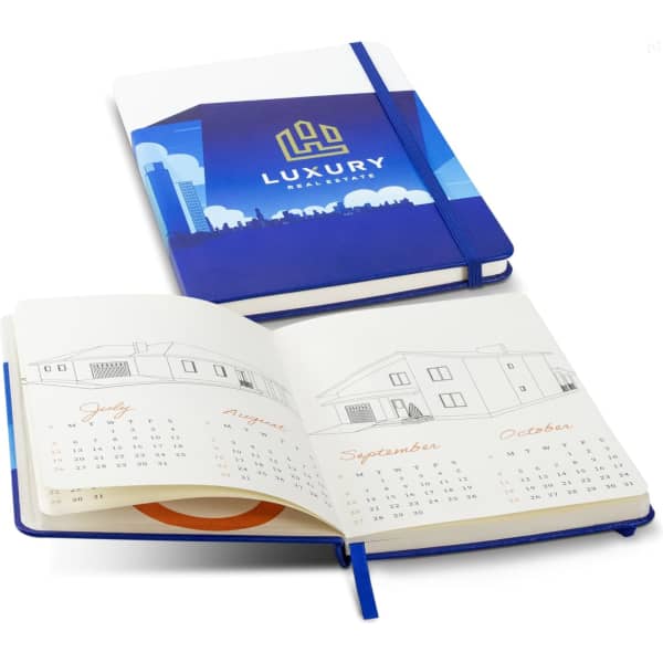 A full-colour notebook with a blue cover and an inner calendar layout. It features a logo on the front.
