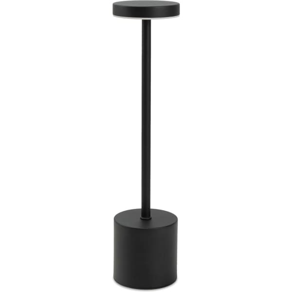 A sleek black rechargeable table lamp with a round top and cylindrical base, featuring a minimalist design.