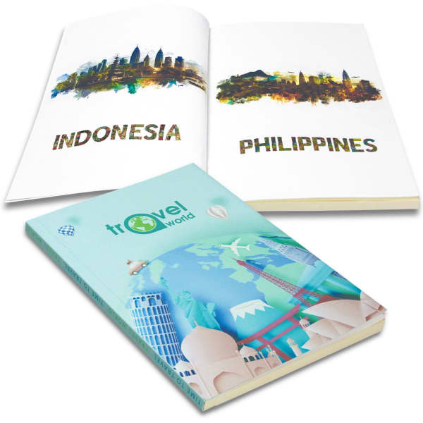 A notebook with an illustrated cover featuring landmarks and a blue and green colour scheme, alongside open pages showcasing 'Indonesia' and 'Philippines'.