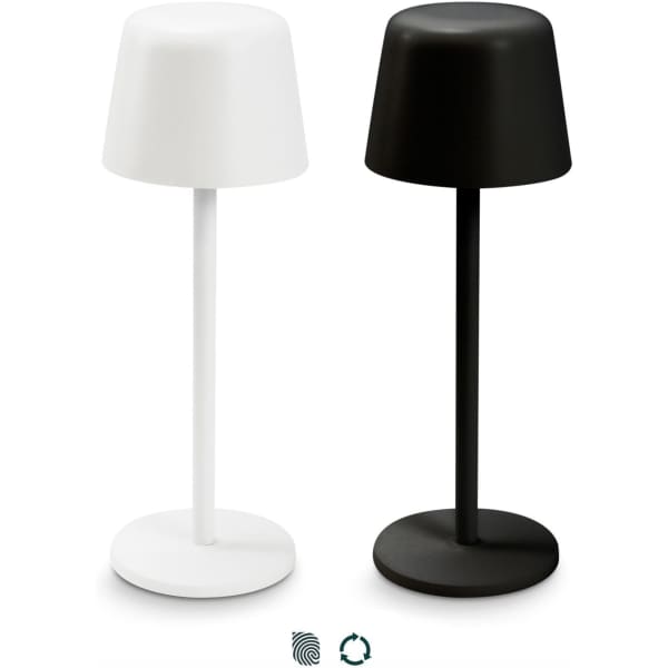 A black and a white rechargeable table lamp with a modern, minimalist design, featuring a circular base and a dome-shaped shade.
