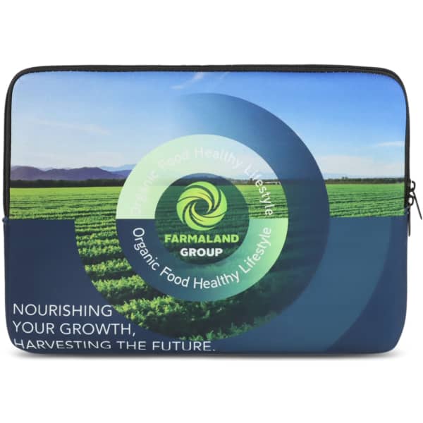 A small laptop sleeve in blue and green featuring a landscape design and a logo on the front.