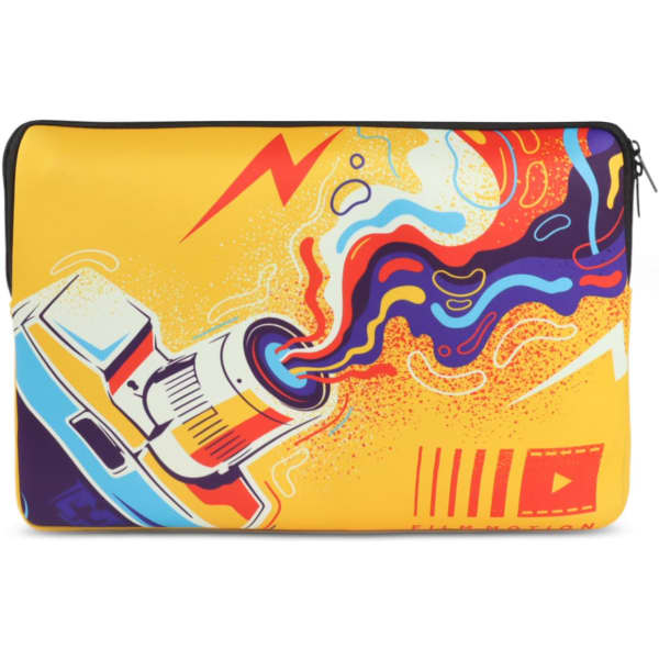 A medium laptop sleeve featuring a vibrant yellow design with colourful graphics, including a stylised projector and abstract shapes.