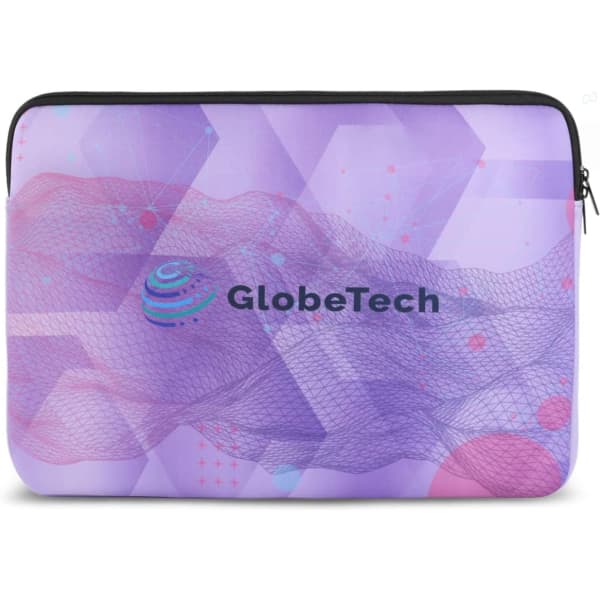 A large laptop sleeve in shades of purple with an abstract design and a logo. Features a zippered closure.
