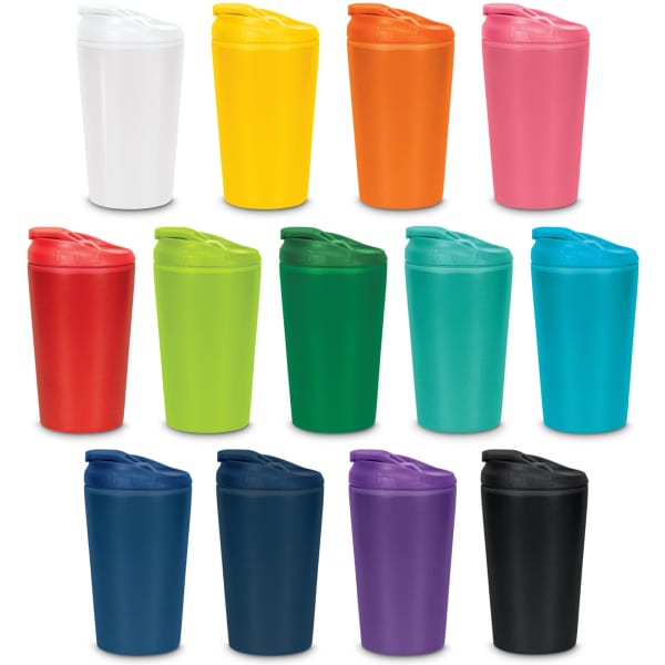 A collection of Corsica Coffee Cups in various colours including white, yellow, orange, pink, green, blue, purple, and black.