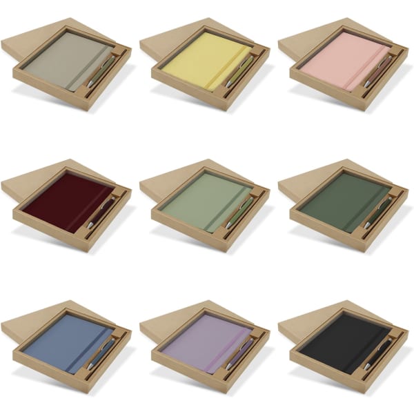 A gift set featuring notebooks in various colours with matching pens, presented in a stylish box with a logo.