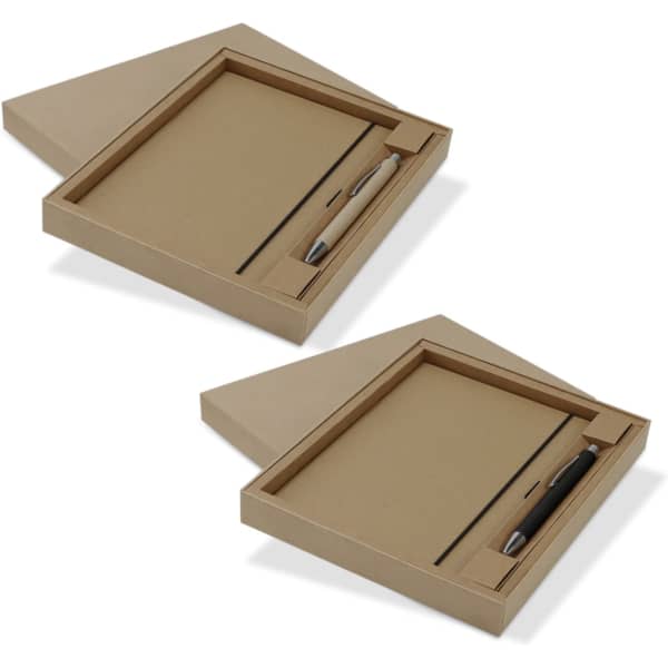 A Kraft notebook and pen gift set in a light brown box. Includes a pen and a notebook with a simple design.