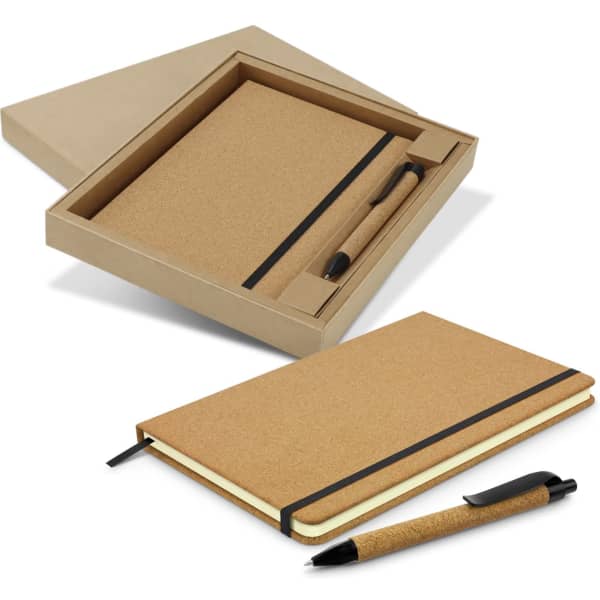 A cork notebook and black pen gift set in a kraft box, featuring a sleek design and eco-friendly materials.