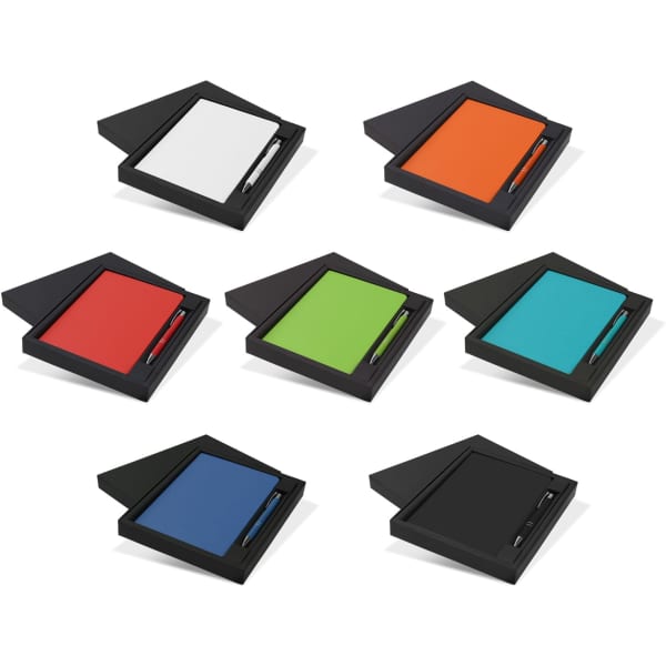 A notebook and pen gift set featuring various coloured notebooks including white, orange, red, green, blue, and black, with black covers.