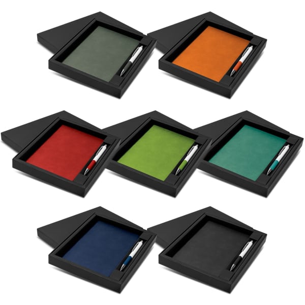 A gift set featuring a notebook and pen in various colours, presented in a sleek black box.