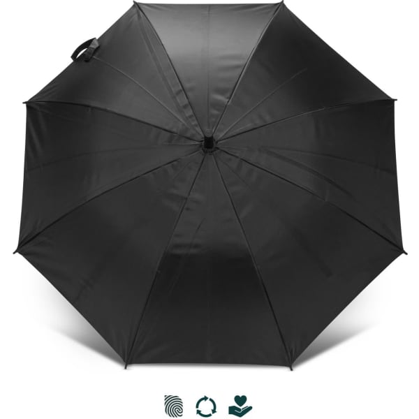 A black umbrella with a sleek design featuring a handle and a logo.