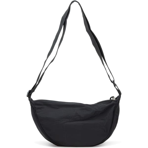 A black crescent-shaped bag with a long adjustable strap. Features a zipper closure and includes a logo.