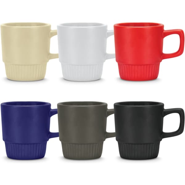 A stack of six stackable coffee mugs in beige, white, red, navy, grey, and black, featuring a ribbed design and a logo.
