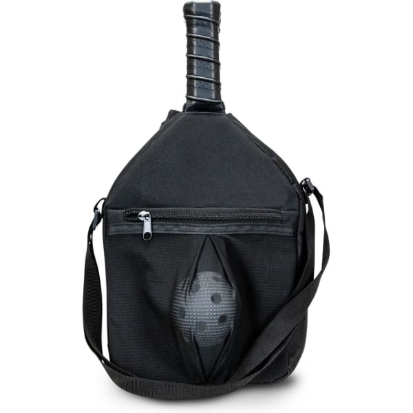 A black pickleball bag with a handle and exterior pocket, featuring a pickleball silhouette. Includes a shoulder strap.