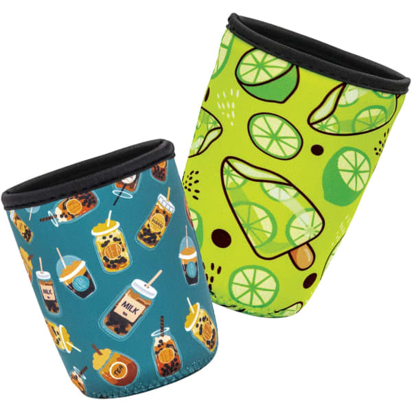 A drink bottle sleeve featuring vibrant designs in blue and green with assorted beverage patterns. It has a logo.