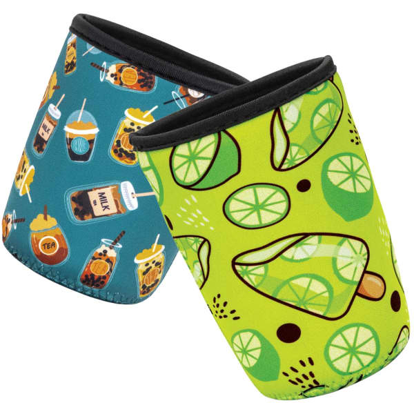 A drink bottle sleeve featuring a blue pattern with drinks and a green pattern with lime slices, both with a logo.