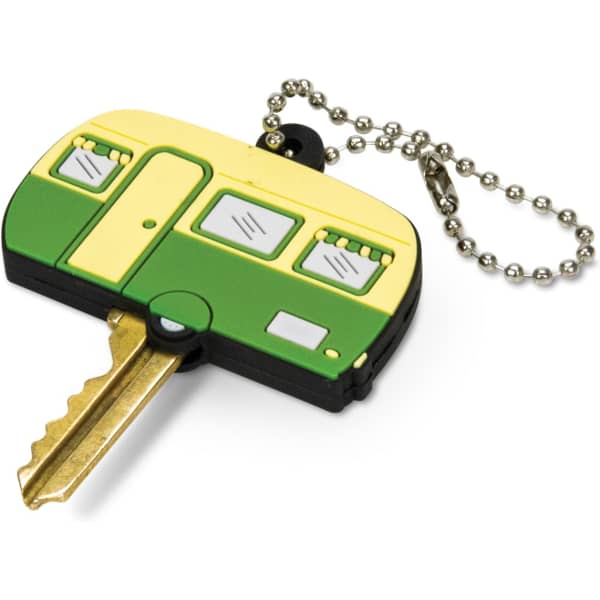 A green and yellow PVC key cover shaped like a caravan, attached to a silver ball chain.