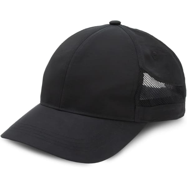 A black sports cap with mesh detailing on the side and a curved brim. Features a logo.