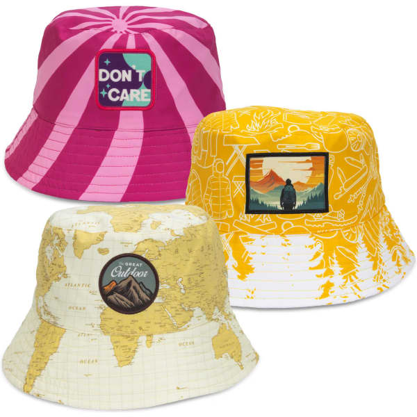 A collection of three custom bucket hats: pink with stripes, yellow with a scenic patch, and a world map design.