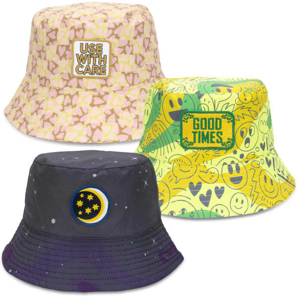 Three bucket hats in pastel pink, vibrant yellow with smiley faces, and deep navy with a moon patch, featuring decorative logos.