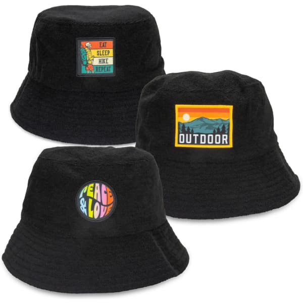 A Terry towelling bucket hat in black featuring three different full-colour patches.