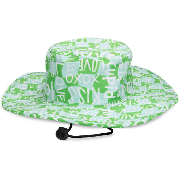 A green wide-brim hat featuring a playful pattern and an adjustable chin strap. It has a logo on it.