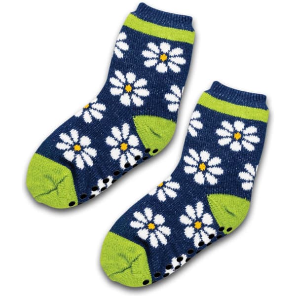 Custom cosy socks featuring a navy blue background with white daisies and green accents. The design includes a logo.
