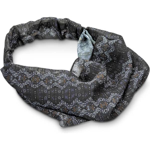 A custom elastic headband featuring a patterned design in dark colours with lighter accents and a logo.
