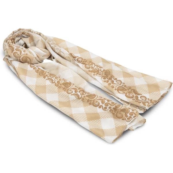 A lightweight scarf featuring a beige and white argyle pattern with decorative accents, folded and neatly arranged.