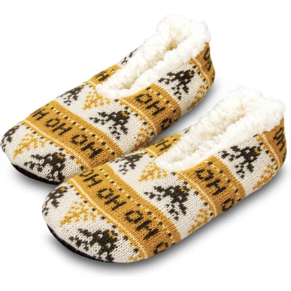 Custom knitted slippers in cream, yellow, and brown patterns, featuring a soft inner lining for comfort.