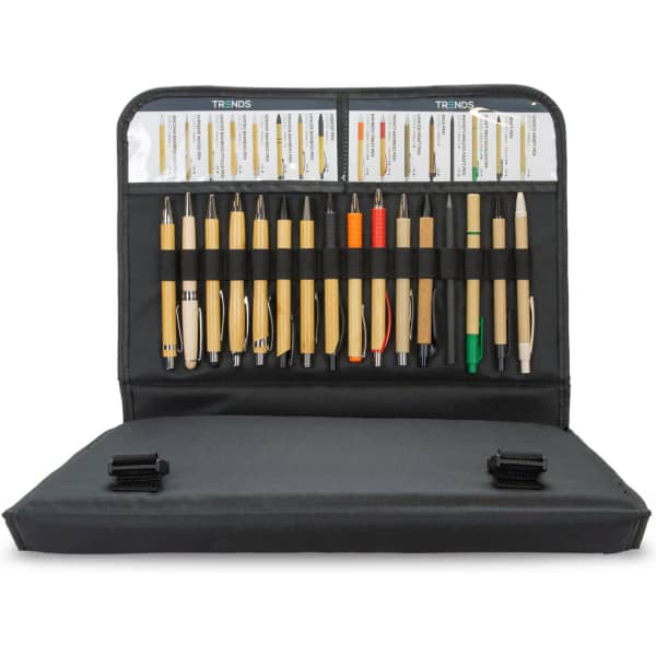 A black pen folder containing various pens and pencils with beige barrels, organised in multiple slots.