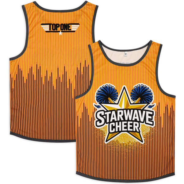 A vibrant orange tank top featuring a star design and cheer-themed graphics, with a logo present.