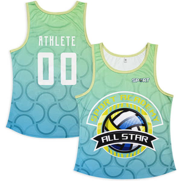 A sleeveless women's active tank top in gradient green and blue, featuring a circular design and a logo.