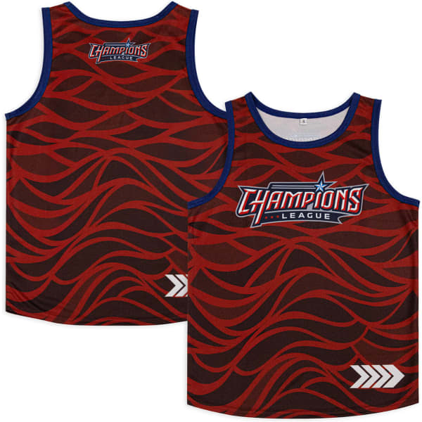 A red and black youth active tank top featuring a wavy design and a logo. It has a blue trim and a back design.