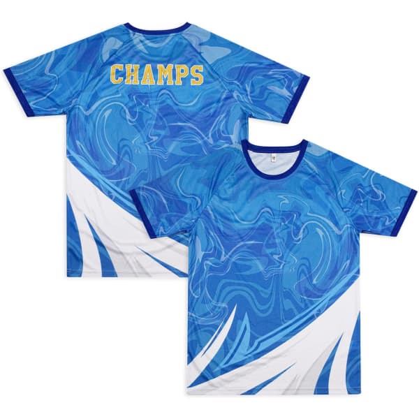A blue active t-shirt featuring a marbled design and a logo on the back. The shirt has short sleeves and a round neckline.