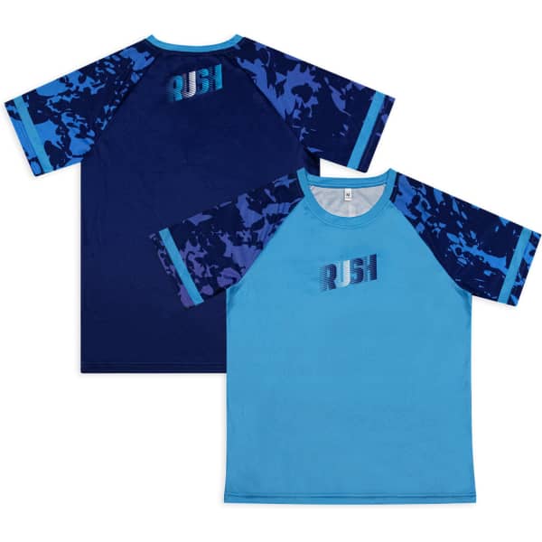 A custom women's active t-shirt in blue with patterned sleeves and a logo on the back.