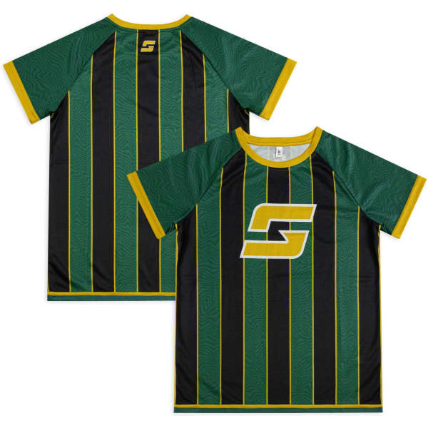 A custom youth active t-shirt in green, black, and yellow with short sleeves and a logo.