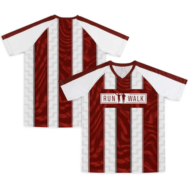 A red and white custom men’s active V-neck T-shirt with a logo. The design features a striped pattern.