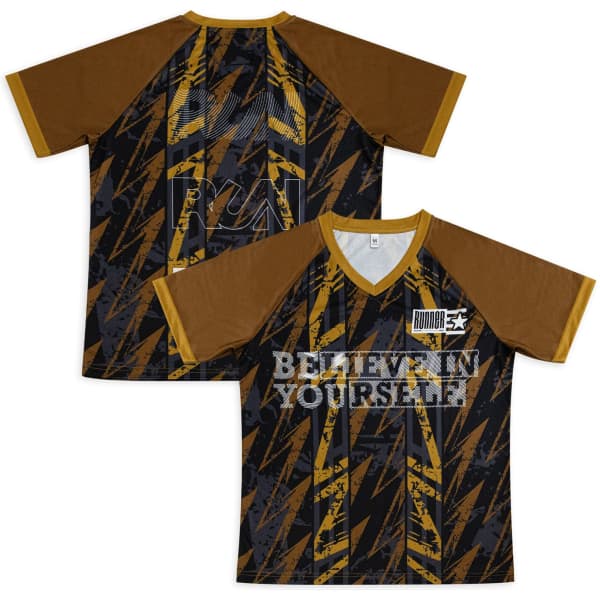 A custom women's active V-neck T-shirt in black and brown with a patterned design and a logo featured.