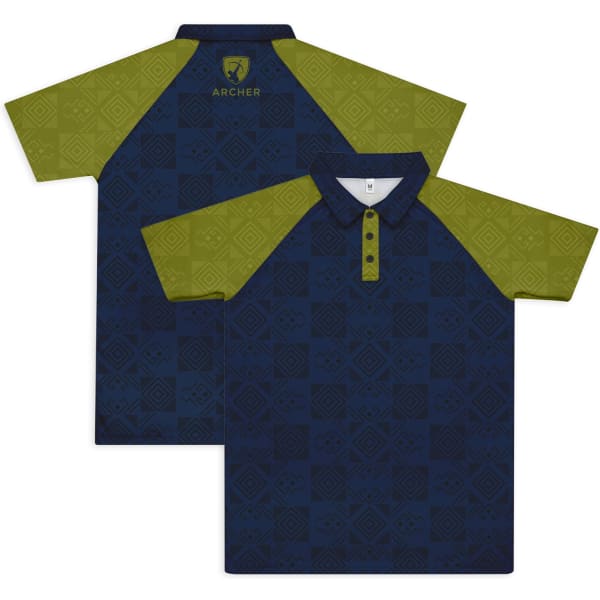 A custom men's active polo featuring a navy blue and green design, complete with a logo on the collar.