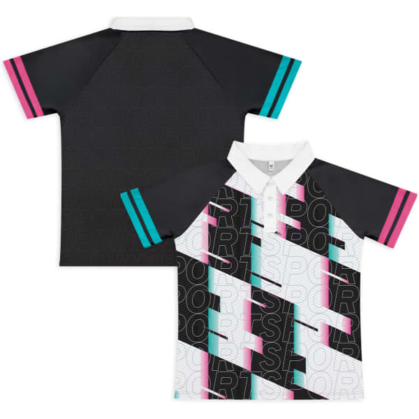 A custom women's active polo in black, white, and pink, featuring a geometric pattern and a logo.
