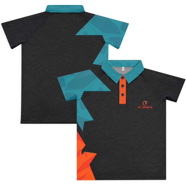 A black active polo with turquoise and orange geometric patterns, featuring a logo on the front.