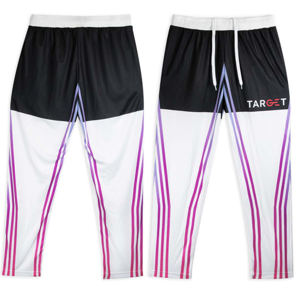 Custom women's active pants featuring a black and white design with pink gradient stripes and branding.