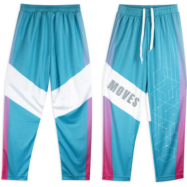 Custom youth active pants in aqua and purple with a geometric design and branding.