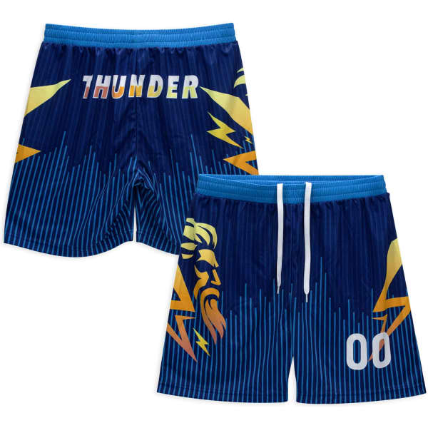 Custom men's active shorts in navy blue featuring a lightning design and a logo. The shorts have a drawstring waist.