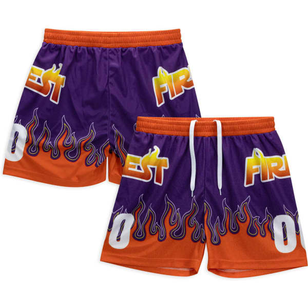 Custom women's active shorts in vibrant purple and orange with flame designs and a logo present.